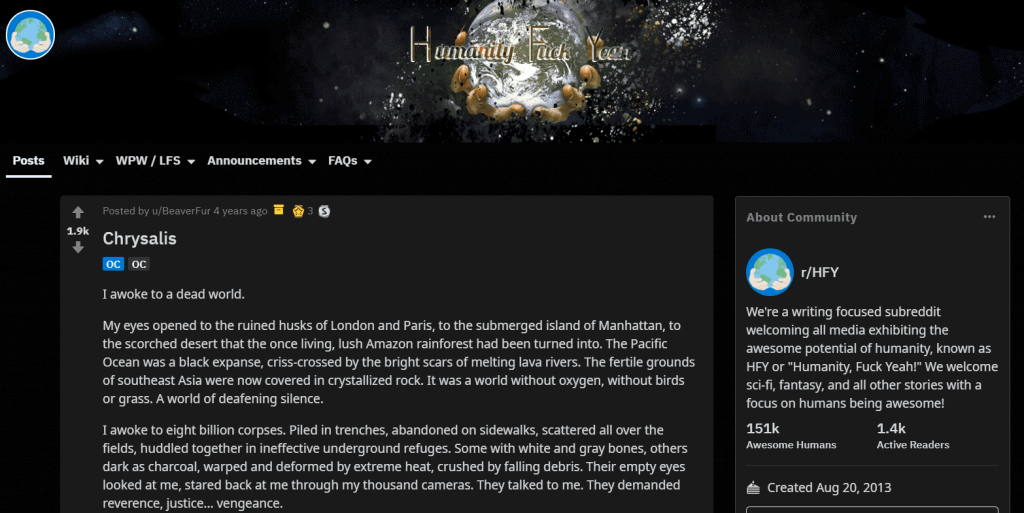 Screenshot of original Chrysalis story post on the r/HFY subreddit.